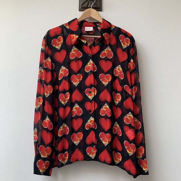 betty barclay Tops - Vintage Sheer Betty Barclay Blouse Shirt Fit UK 14 Heart Pattern Black Red *Mend